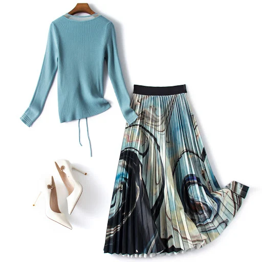 Title 1, Ink Printed Pleated Skirt Suit. A stylish and v...