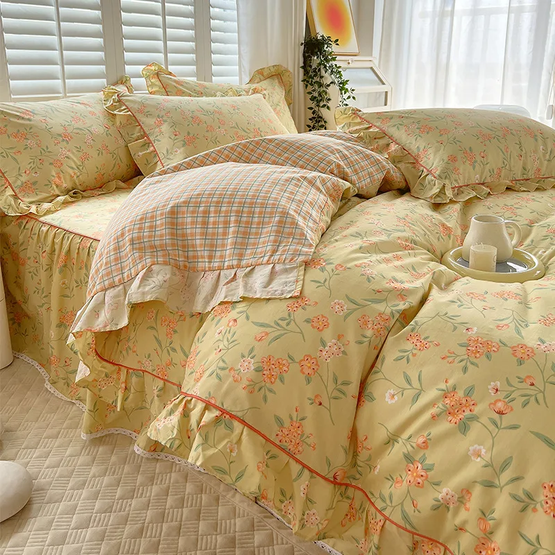 Jogo de cama de quatro peças em algodão, com saia de cama, lençol, capa de edredom. Durma com conforto e adicione estilo ao seu quarto. — foto 16