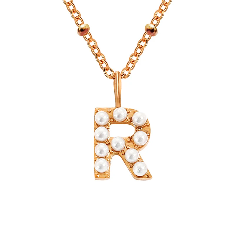 Colar de aço inoxidável simples com pingente de letra e pérola, 26 pérolas, corrente clavícula, um acessório elegante e delicado. — foto 1