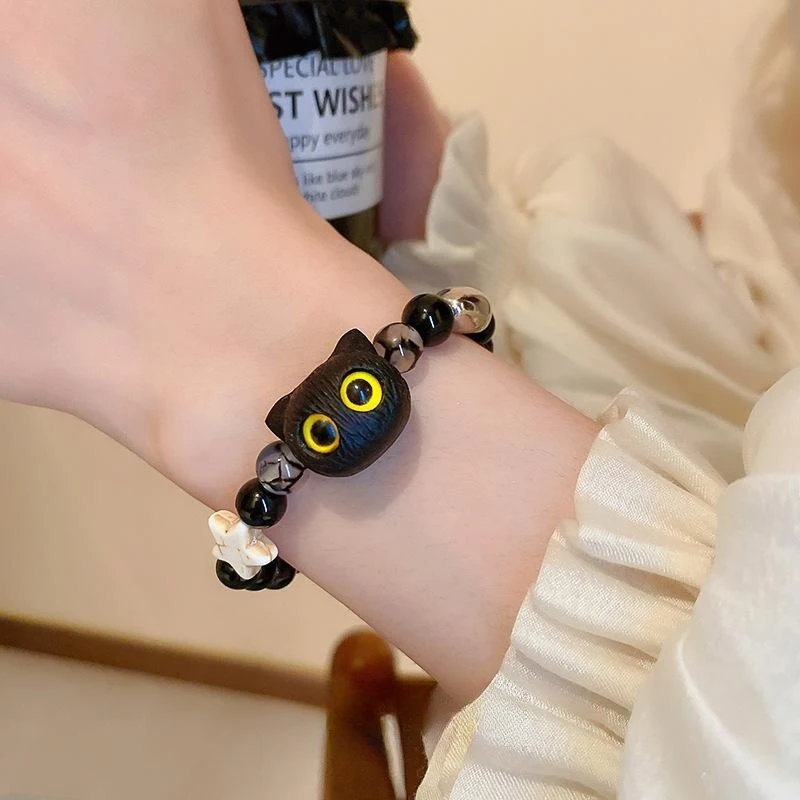 Pulseira de miçangas de pedra natural com gato de desenho animado, estilo doce e legal da moda, um acessório charmoso. — foto 6
