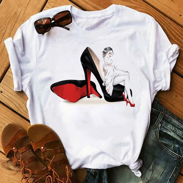Dames T-shirt met korte mouwen, modetrend, hoge hakken — foto 8