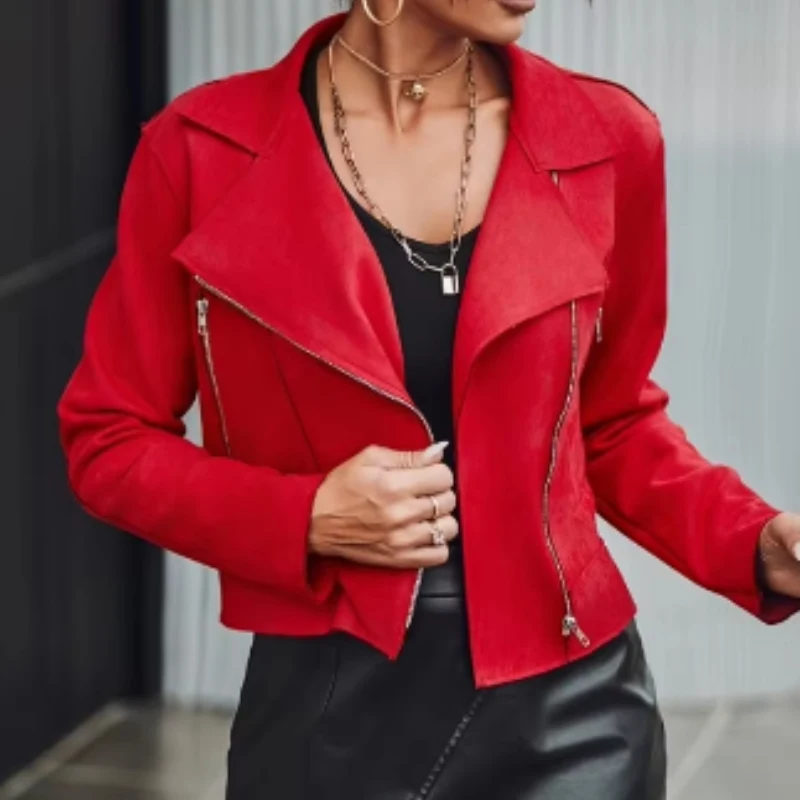 Jaqueta de moto feminina em camurça, moda europeia e americana. Combine estilo e conforto com esta peça atemporal, perfeita para diversas ocasiões. — foto 1