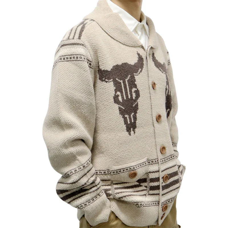 Men's Casual Fashion Vintage Jacquard Knitted Jacket Long-sleeved Lapel Button Sweater. A stylish and comfortable sweate — photo 9