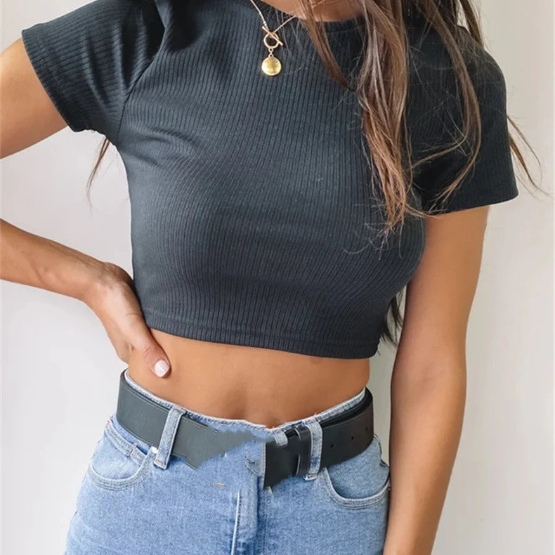 Slim-Fit Solid Color Short Ribbed Women's T-Shirt. A versatile and comfortable top for everyday wear. Flattering fit, pe — photo 5