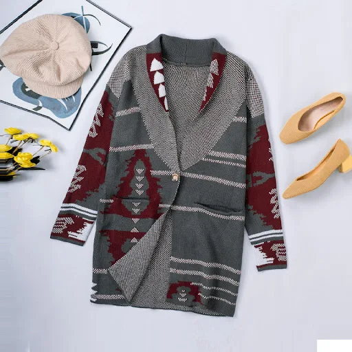 Title 2, Long Printed Button Cashmere Knitted Cardigan T...