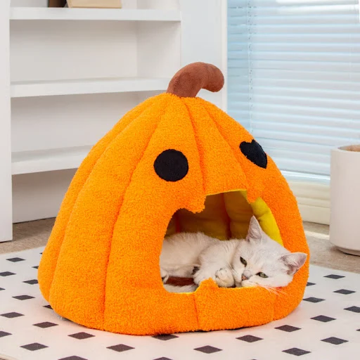 Title 4, Halloween Pumpkin Cat Nest Sleeping Hut, Cozy D...