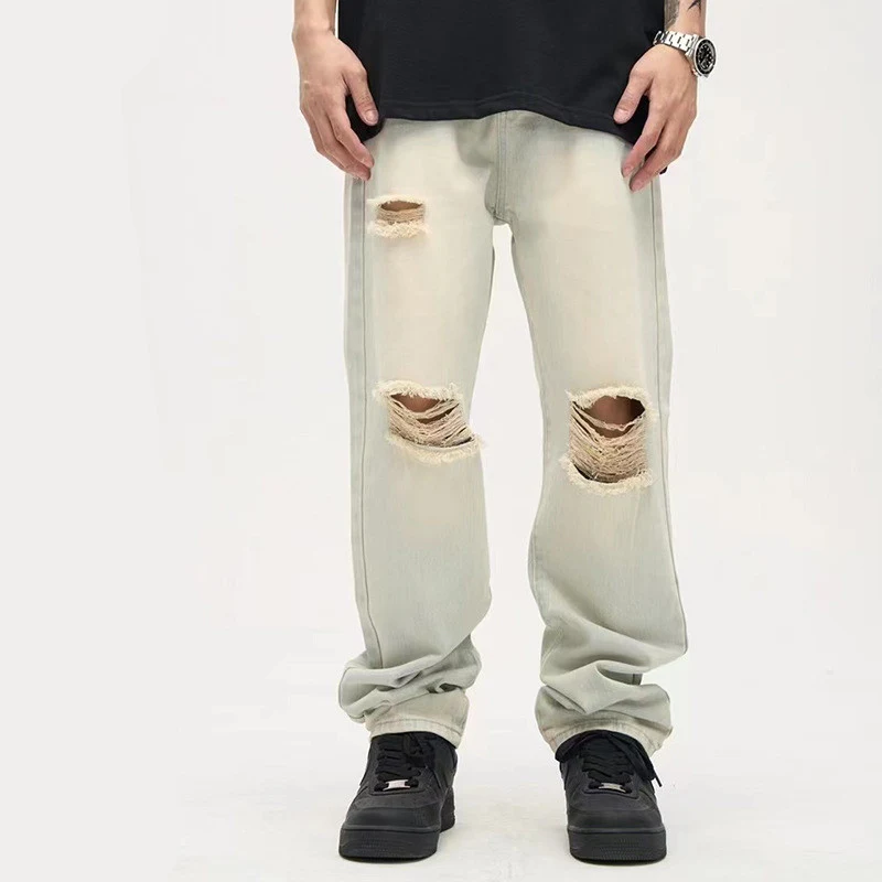 Yellow Mud Ripped Jeans Men's American High Street Retro Style. Get a unique, fashionable look with these comfortable an — photo 6