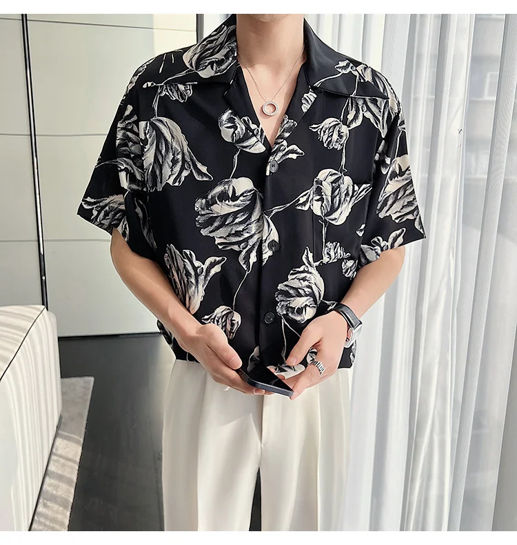 Title 7, Casual Draping Summer Rose Cuban Collar Shirt, ...