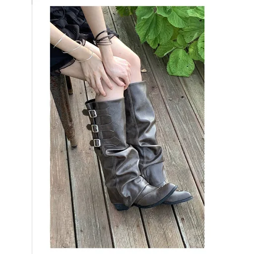 Title 3, Brown Western Denim Pleated Pile Style Boots. E...
