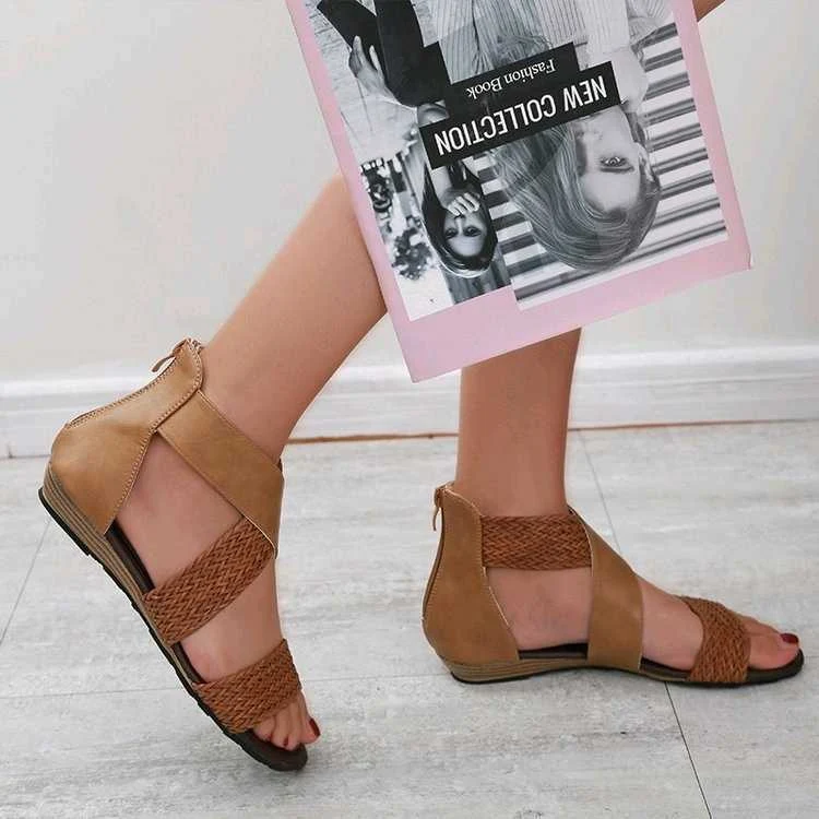 Women's Summer Shoes Large Size Straw Woven Back Zipper Flat Fish Mouth Sandals Comfortable & Stylish — photo 1