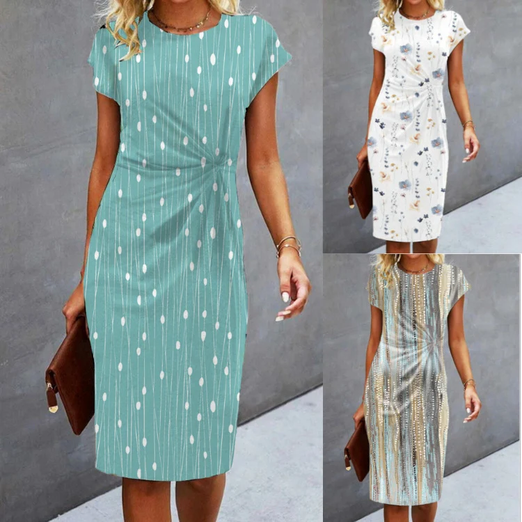 Title 4, Fashion Slim Print Pleating Short Sleeve Dress