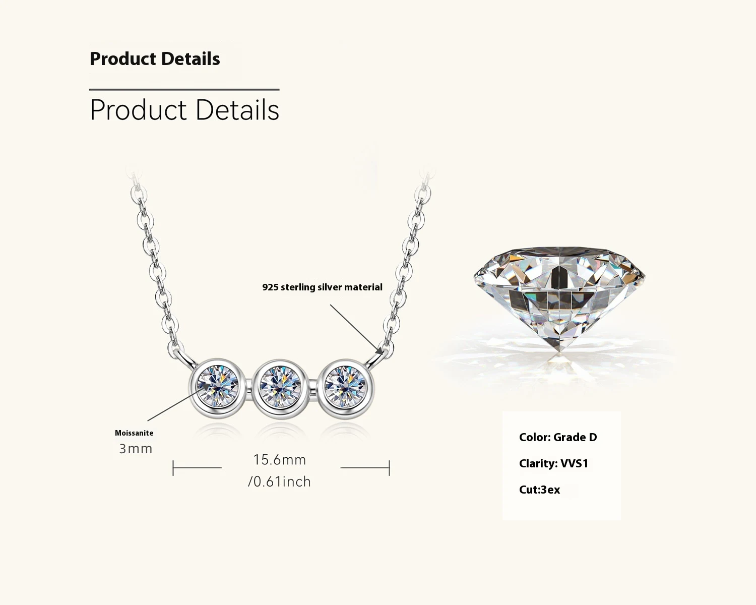 Colar de Moissanite Feminino Design Premium 3 Diamantes Pingente Prata 925 Corrente Clavícula Brilho e Sofisticação. — foto 5