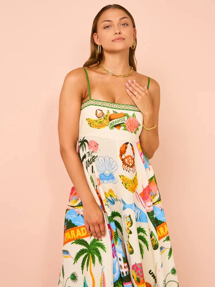 Sexy Sling Graffiti Polyester Printing Large Swing Dress — photo 2