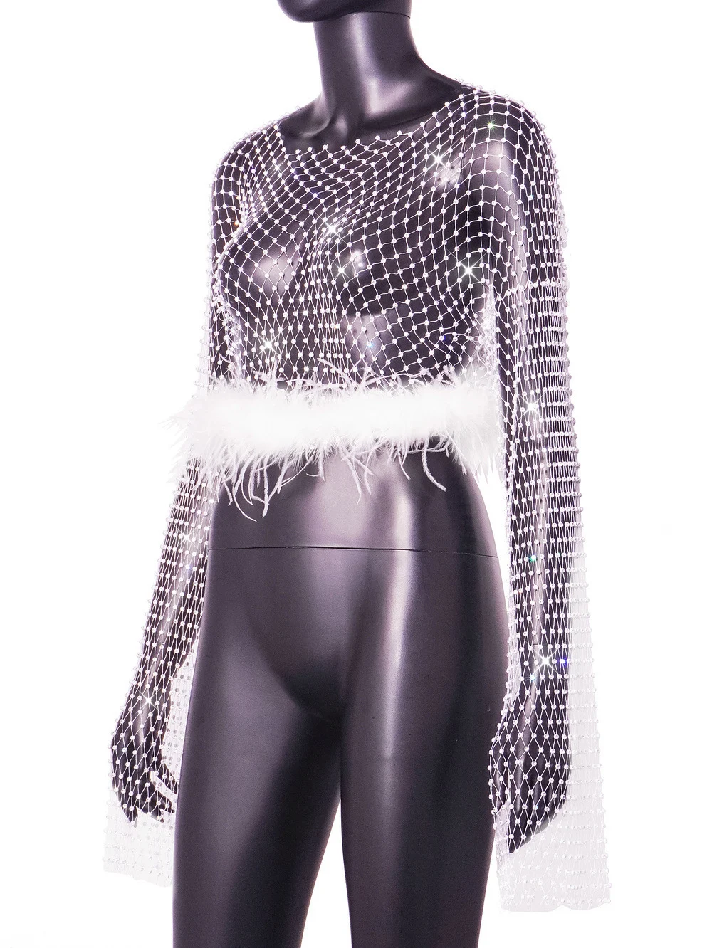 Women's Elegant Slim-fit Diamond Super Shiny Ostrich Feather Sexy Rhinestones Fishnet Top for a stunning, glamorous and — photo 6