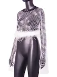 Women's Elegant Slim-fit Diamond Super Shiny Ostrich Feather Sexy Rhinestones Fishnet Top for a stunning, glamorous and — photo 6