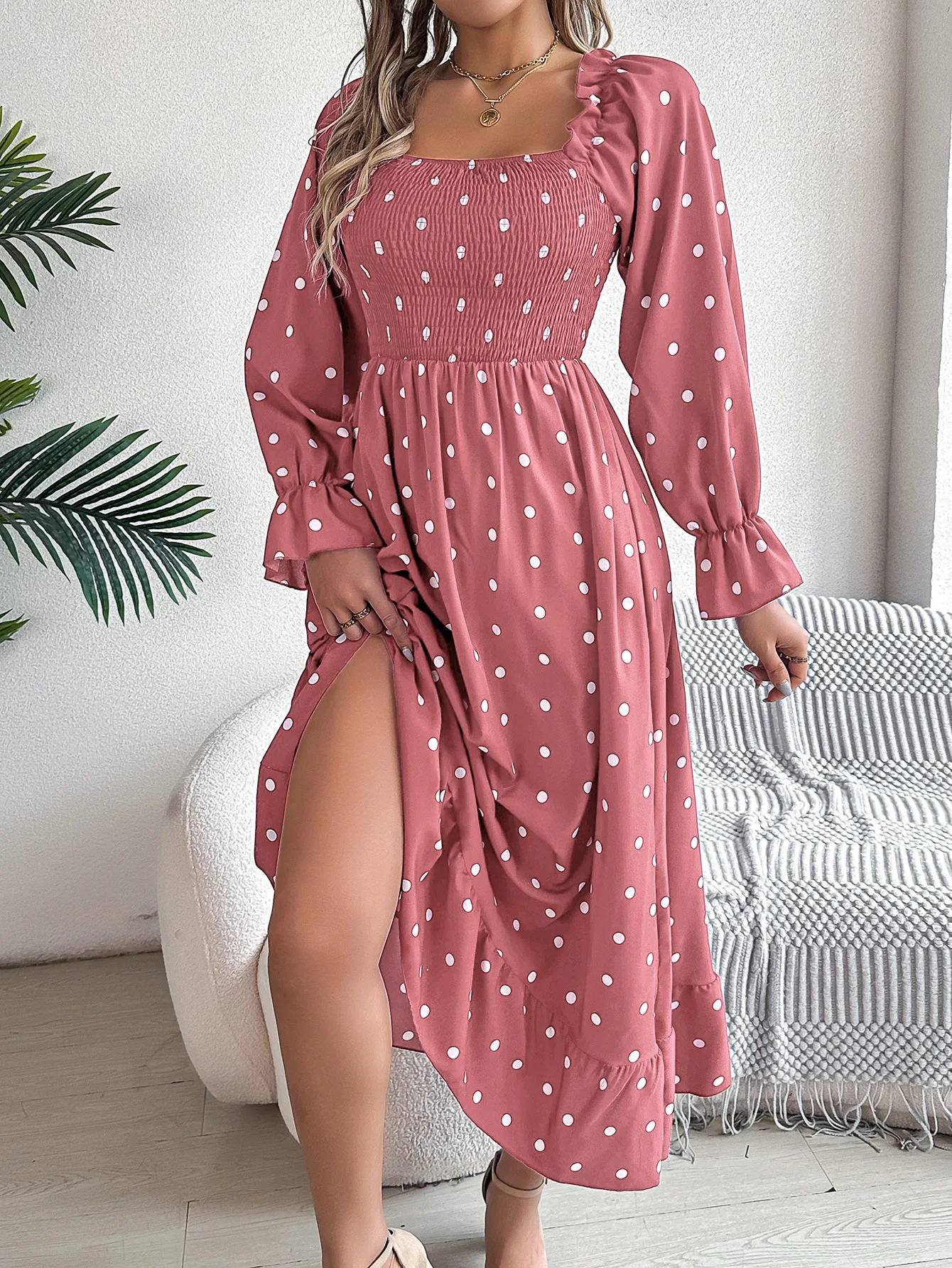 Title 13, Casual Square Collar Polka Dot Swing Dress with...