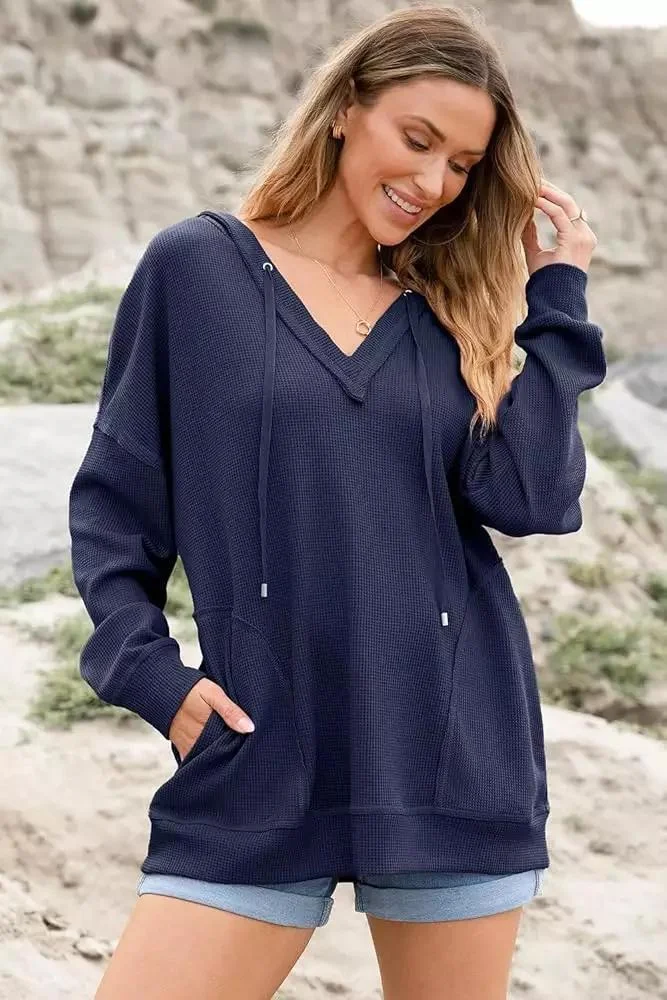 Dames V-hals Wafel Effen Kleur Hoodie met lange mouwen. Comfortabele en stijlvolle hoodie, ideaal voor dagelijks gebruik en casual outfits. — foto 4