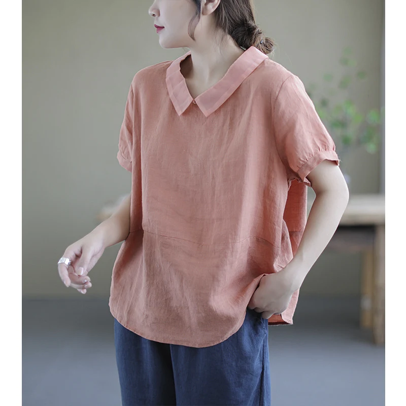 Zomer dun dames effen kleur los T-shirt met korte mouwen — foto 18
