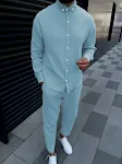 Heren herfst casual pak, Europese en Amerikaanse stijl, kreukel-look, lange mouwen, werkbroek. Comfortabel en stijlvol voor een moderne uitstraling. — foto 2