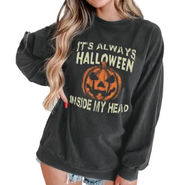 T-shirt rotondo a tema zucca di Halloween per ragazze, linea di moda trendy e vestibilità ampia. Un top casual per un look alla moda e perfetto per l'autunno. — foto 2