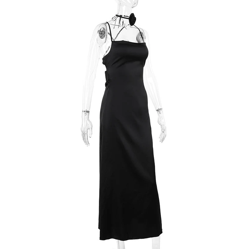 Title 8, Flower Halter Collar Backless Lace Up Split Dress