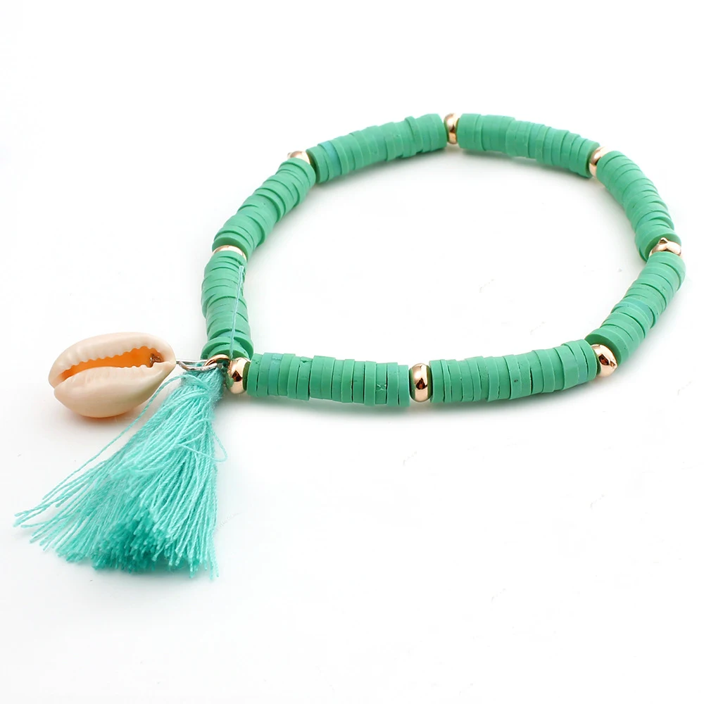 Pulseira Boêmia Arco-íris de Argila Polimérica Colorida com Tassel de Concha, Acessório Verão Charmoso — foto 20