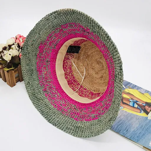 Title 7, Womens Raffia Crochet Shade Dome Flat Brim Wov...