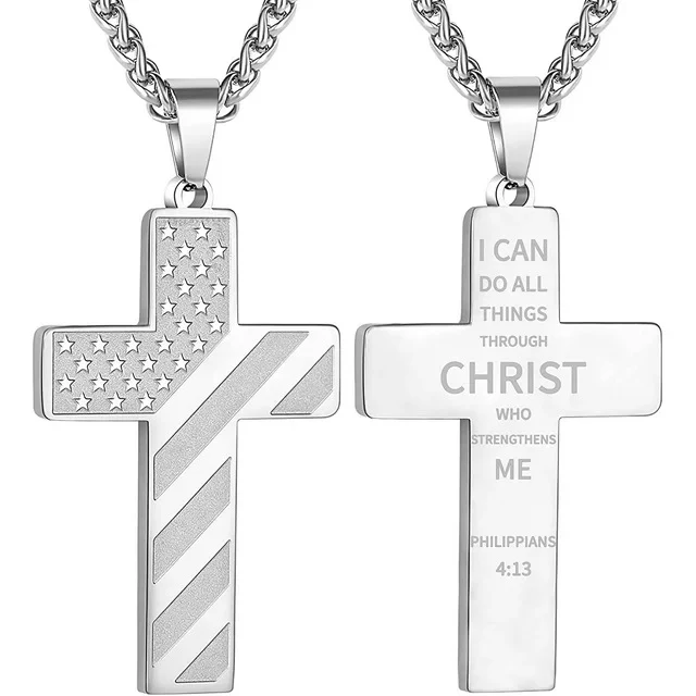Colar Amazon Masculino Aço Inox com Pingente Cruz Bandeira Americana, Design Patriótico, Corrente Masculina Moderna — foto 4