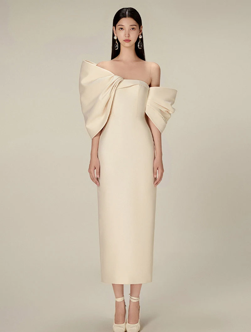 Title 3, Vestido elegante de cintura alta com laço estil...
