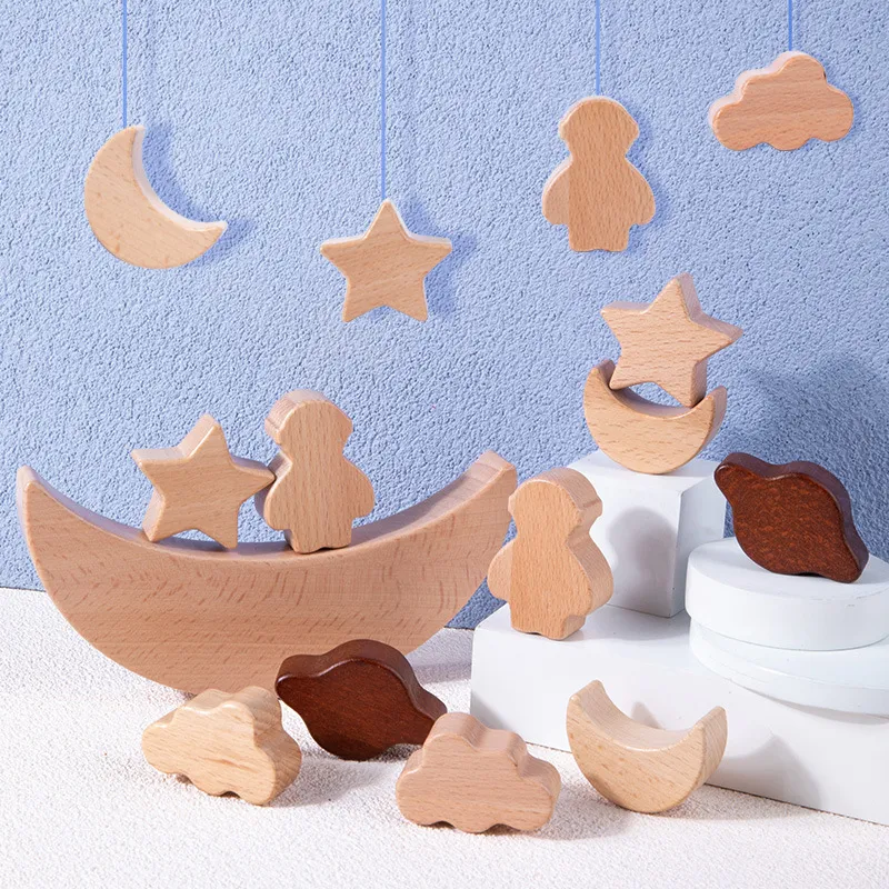 Blocos de equilíbrio de lua de madeira para crianças Jogo de mesa Estimula a criatividade e coordenação Perfeito para desenvolvimento infantil Construa e brinque — foto 10