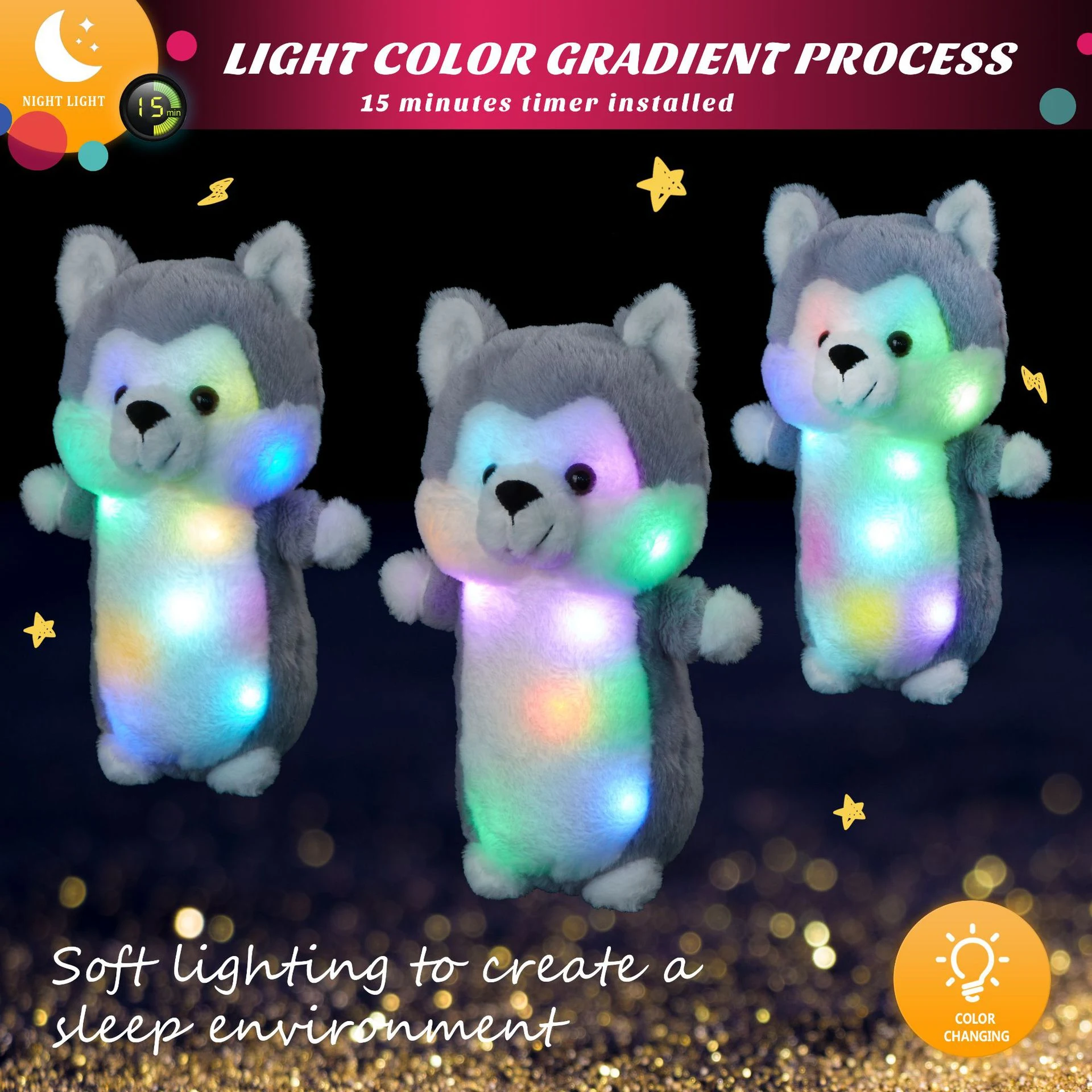 Cuscino animale Husky musicale e luminoso, un peluche cane. Morbido giocattolo che brilla e suona, perfetto per bambini e per dormire. — foto 7