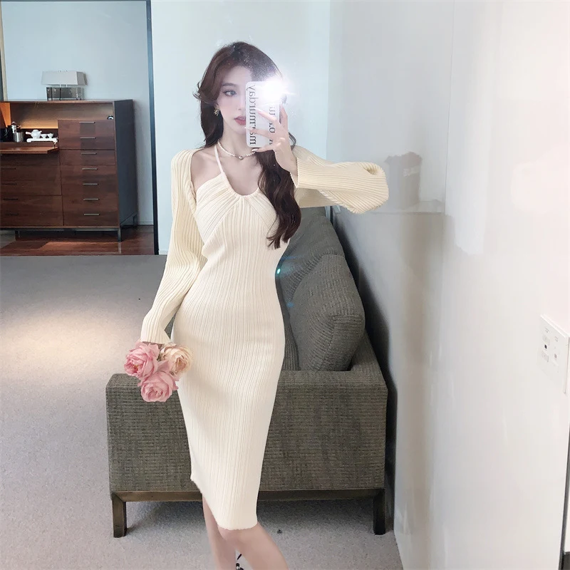 Slim-fit Long Halterneck Dress with Suspenders, Long-sleeved Shawl, Two-piece Suit Skirt, effortlessly elegant and versa — photo 17
