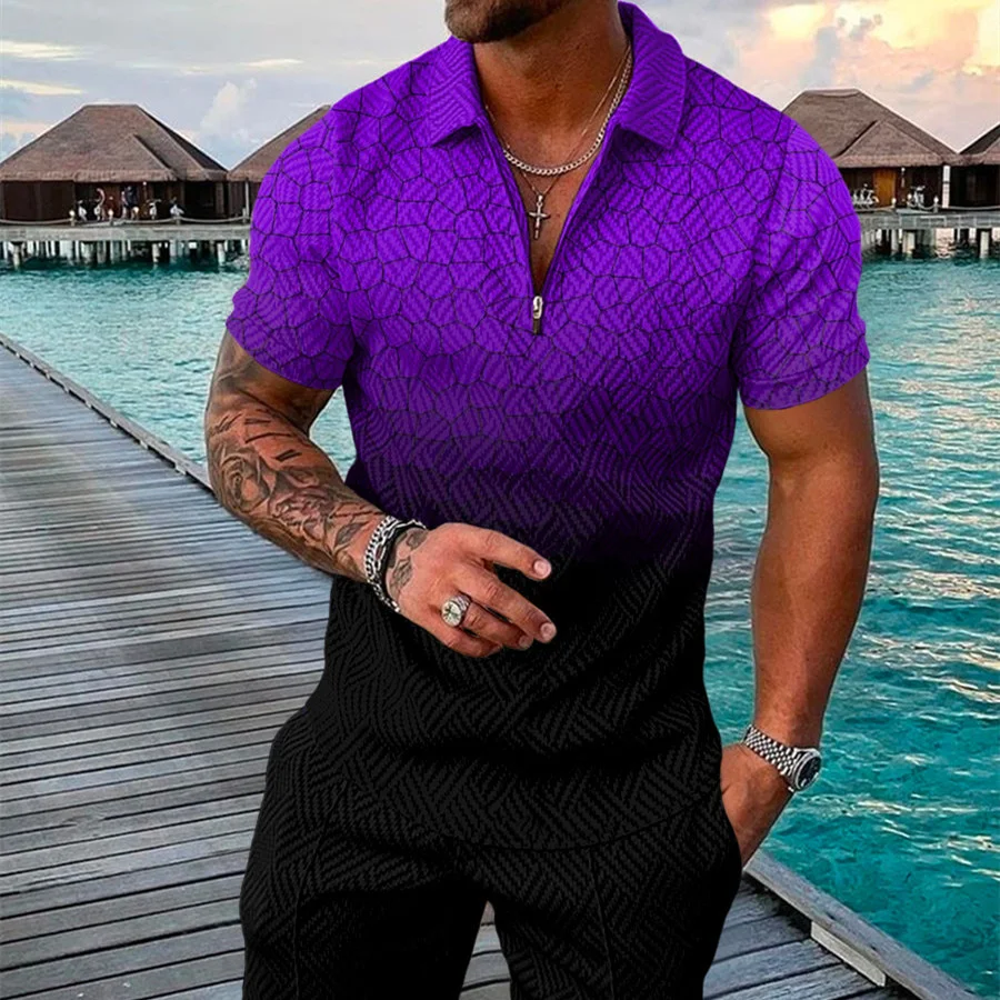 Conjunto Camisa Masculina Verão 3D Manga Curta Geométrica Zíper Lapela – Conforto e Estilo Moderno — foto 1