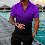 Conjunto Camisa Masculina Verão 3D Manga Curta Geométrica Zíper Lapela – Conforto e Estilo Moderno — foto 1