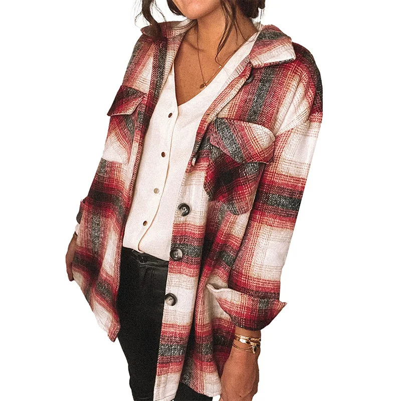 Camicia a maniche lunghe con risvolto con cuciture scozzesi da donna — foto 2