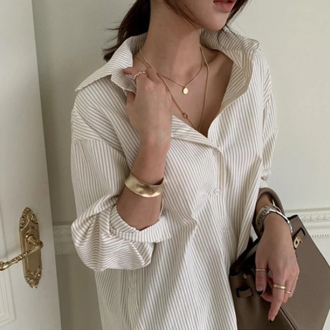 Korean style loose casual mid-length vertical striped shirt for effortless style and comfort. A versatile addition to yo — photo 1