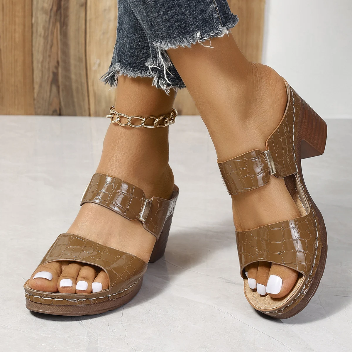 Title 9, Plus Size Wedge Peep-toe Slippers with Stone Pa...