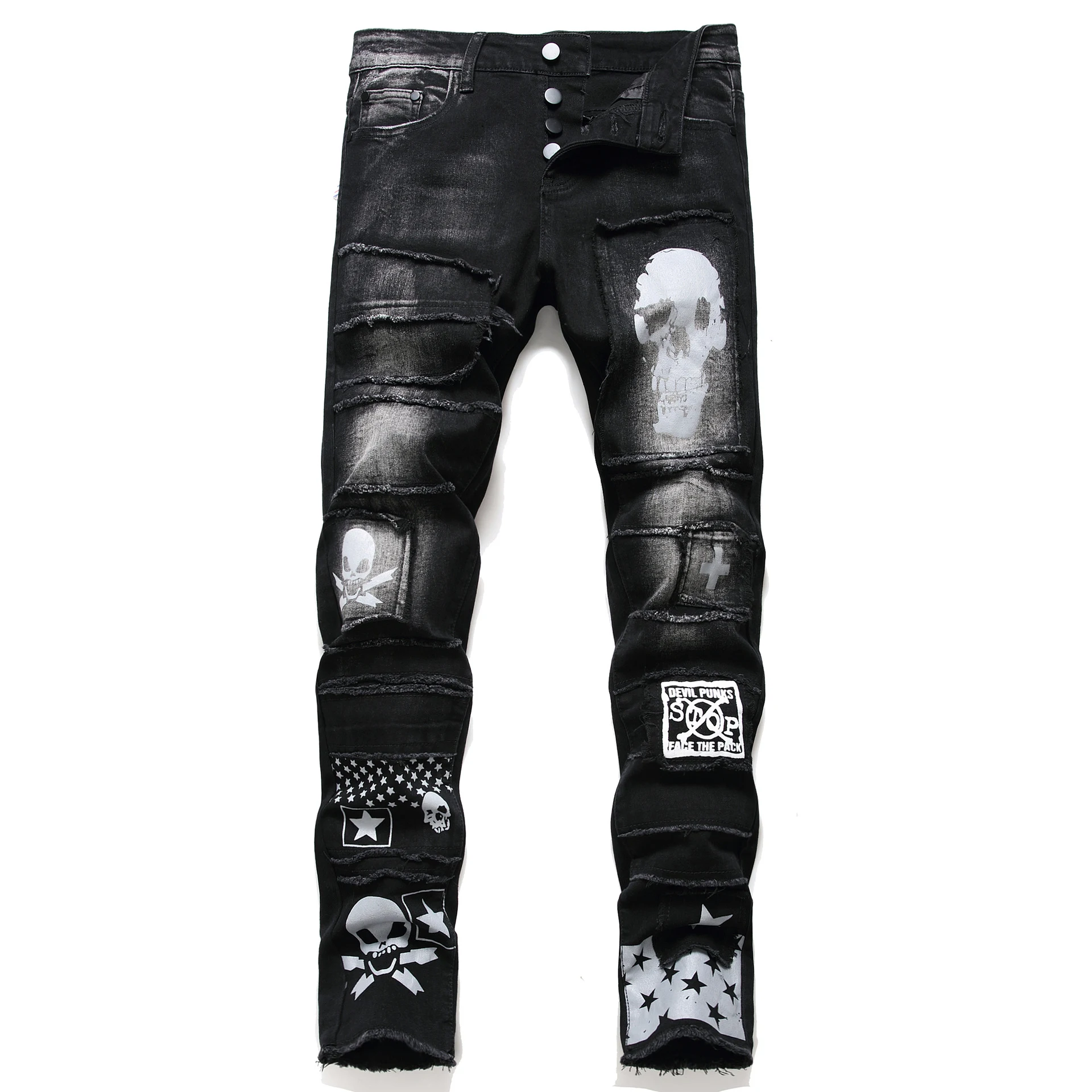 Men's black slim stretch cotton jeans, European and American style, printed, casual and youthful, offering a comfortable — photo 8