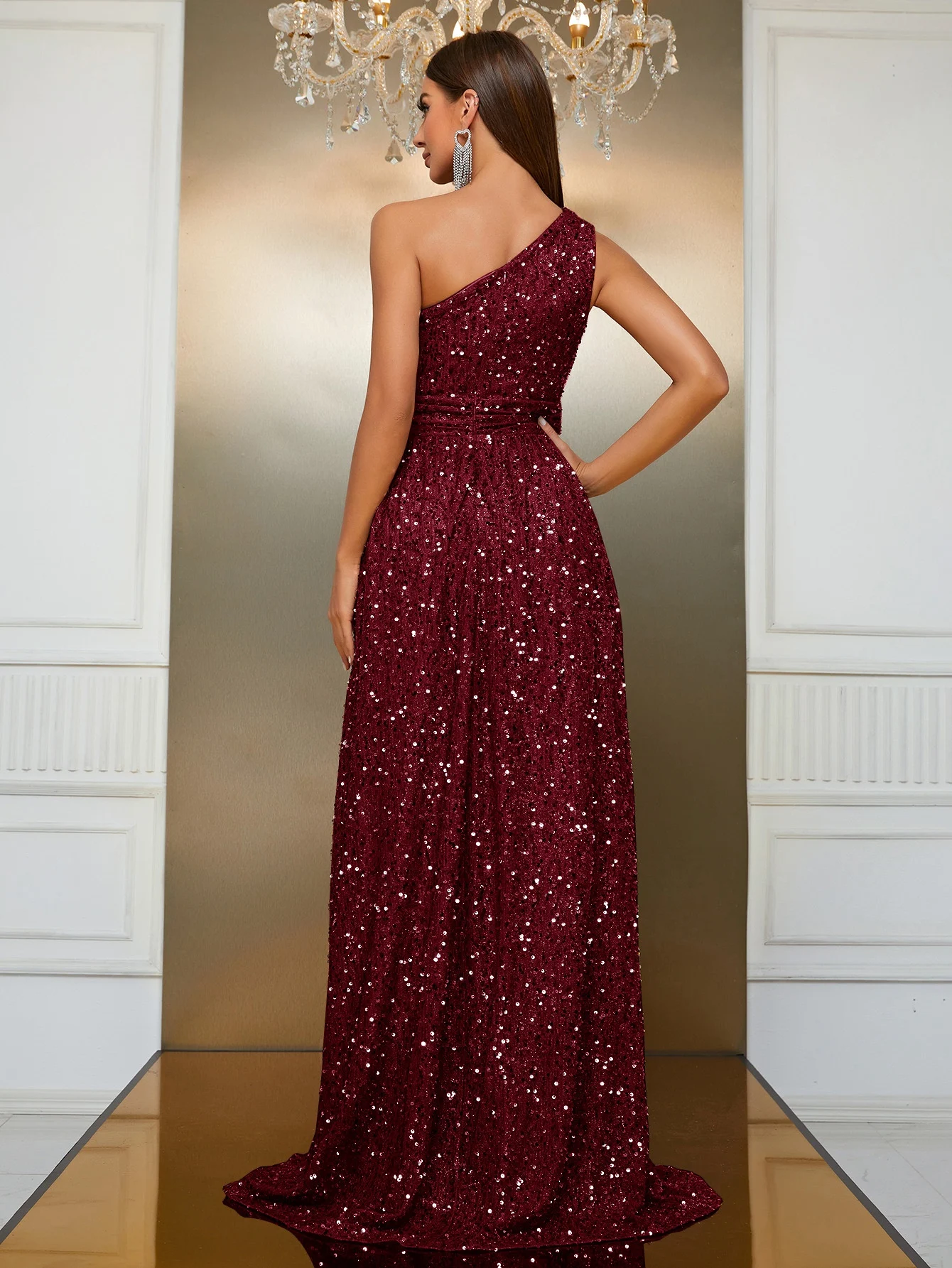 Title 3, Sequined Slant Shoulder Party Dress High-end Slit