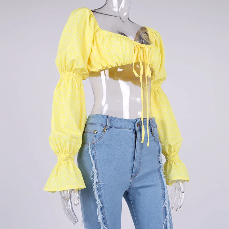 Title 11, Printed flared sleeve tie crinkled crop top, pe...