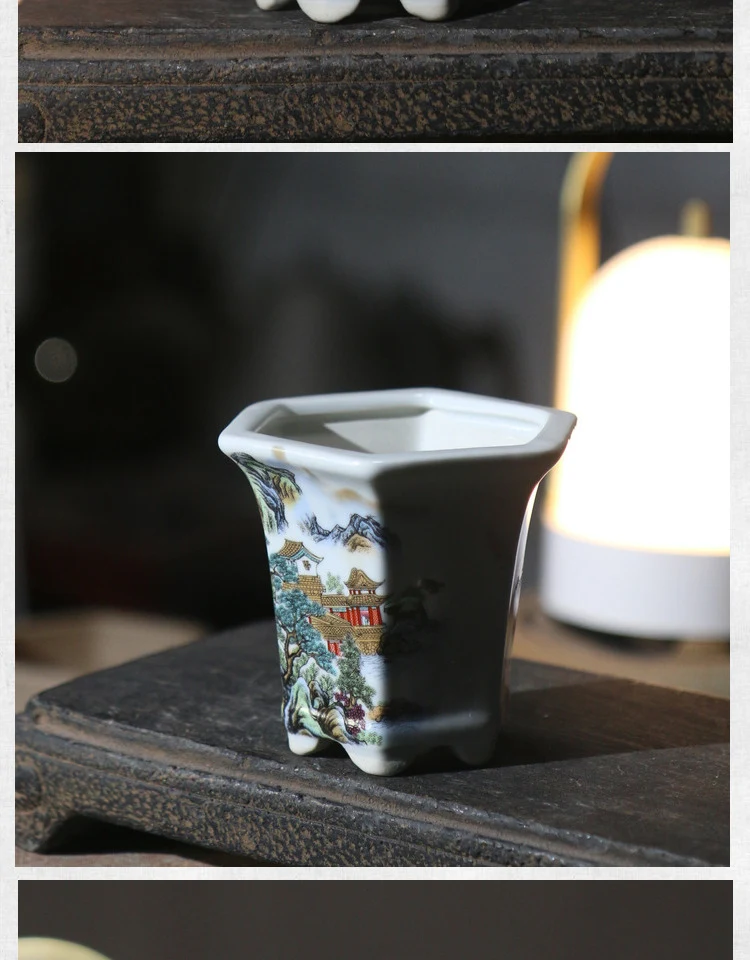 Purple Sand Flower Pot Six Square Hexagonal Ceramic Bonsai Pot with Landscape Stickers, perfect for plant cultivation an — photo 21