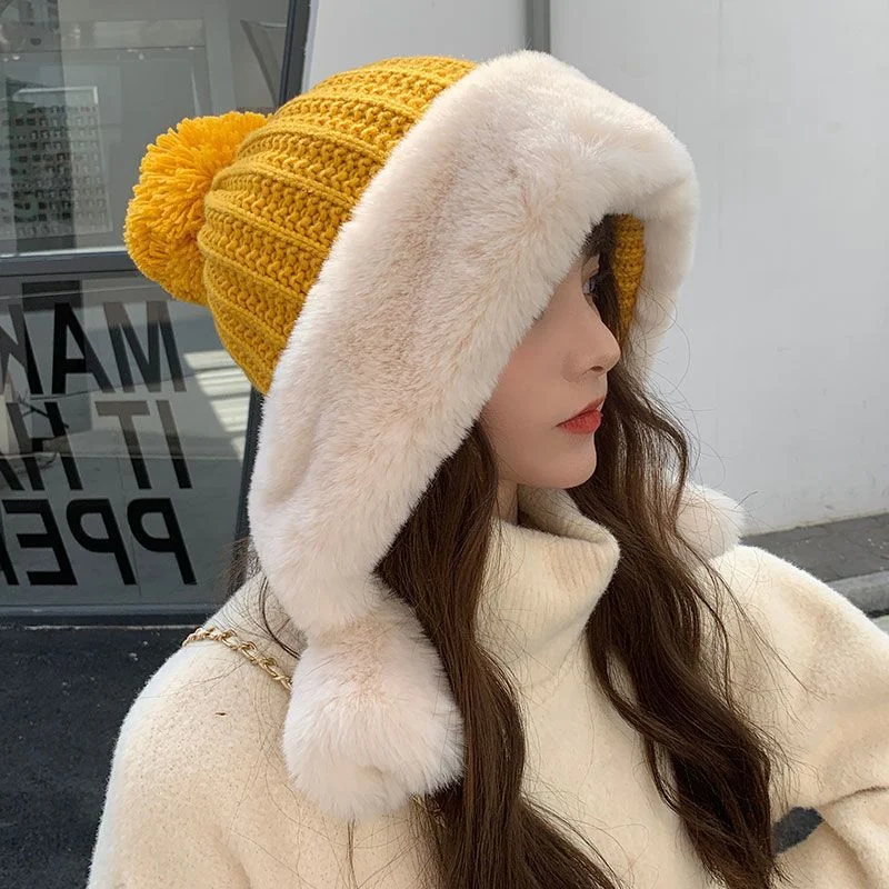 Title 1, Rabbit Fur Knitted Hat Large Head Fleece Warm
