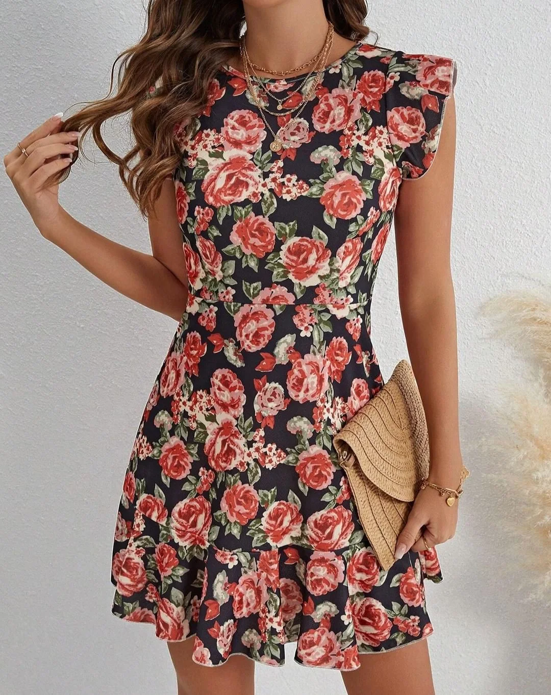 Title 8, Flounced Sleeve Plant Flower Skirt Dress Women