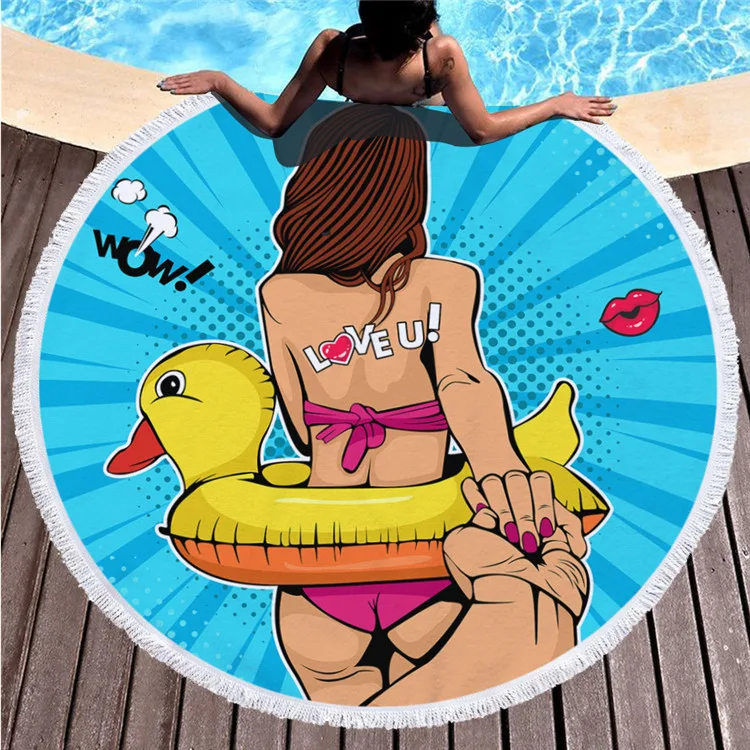Telo mare rotondo stampato, versatile come uno scialle. Morbido, assorbente e perfetto per la spiaggia o la piscina. Goditi il sole con stile. — foto 4