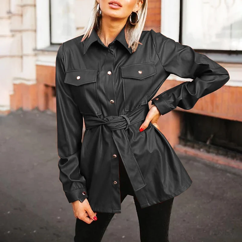 Women's Solid Color Casual Leather Shirt with Belt, Pocket and Lapel Design, a Stylish and Versatile Piece for Everyday — photo 3