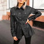 Women's Solid Color Casual Leather Shirt with Belt, Pocket and Lapel Design, a Stylish and Versatile Piece for Everyday — photo 3