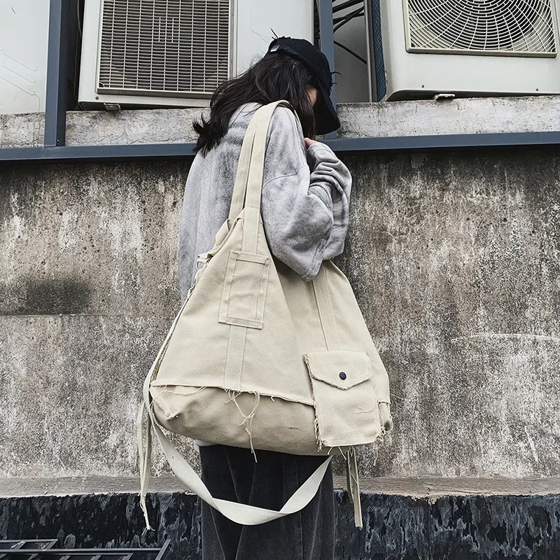 Bolsa de lona folgada estilo japonês coreano, cor sólida, para estudantes, bolsa de ombro moderna, bolsa de tecido artístico, bolsa mensageiro — foto 1