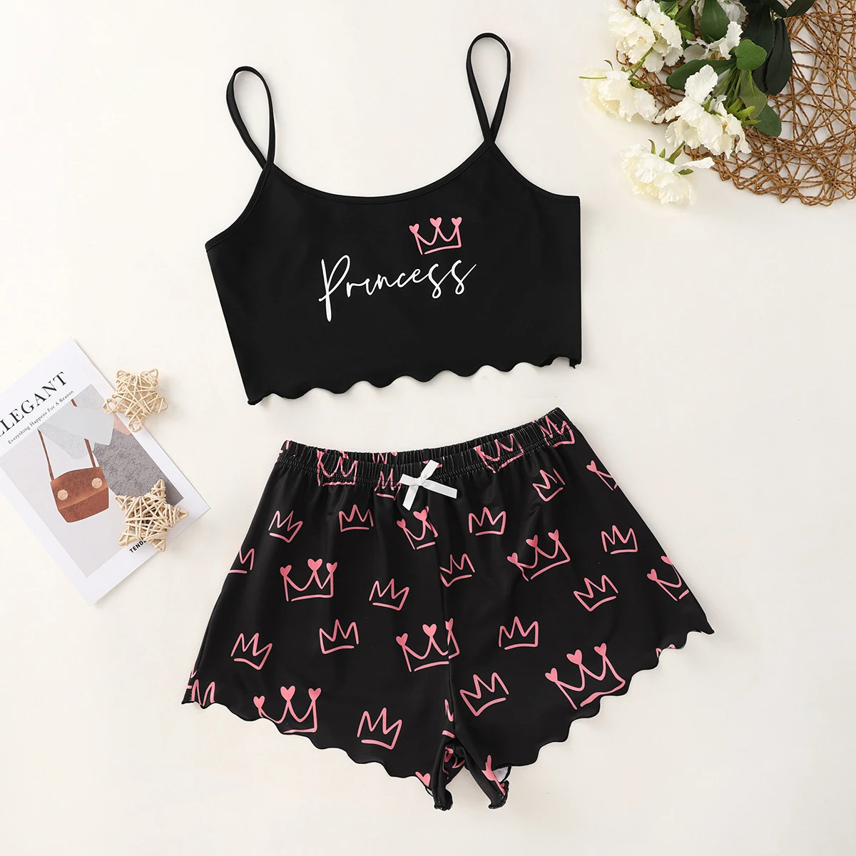 Letter Princess printed homewear with braces suit, a comfortable and adorable pajama set for girls, perfect for lounging — photo 1