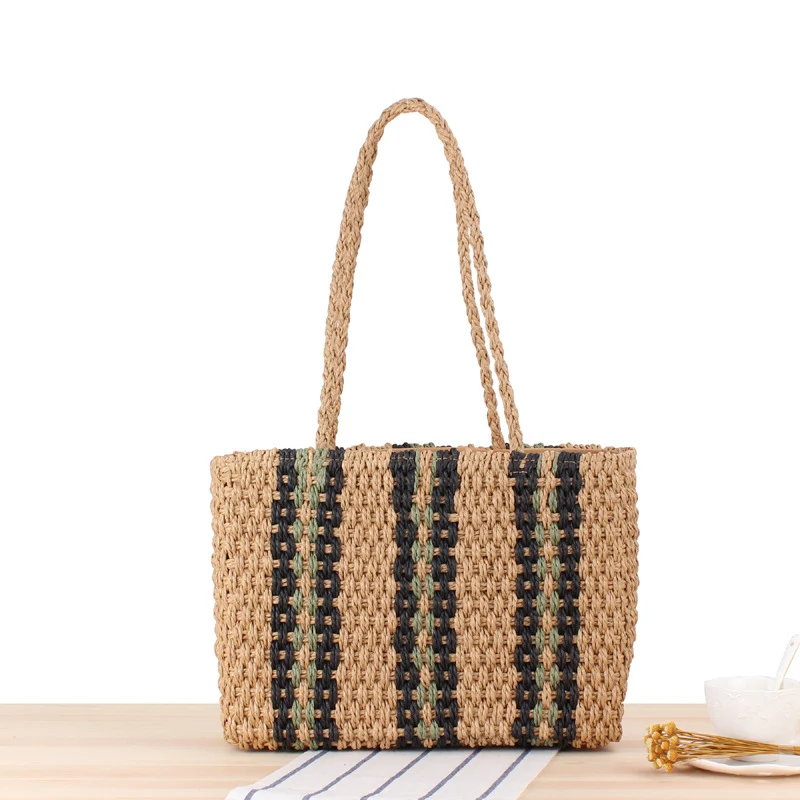 Title 5, Vertical Stripes One-shoulder Straw Woven Bag f...