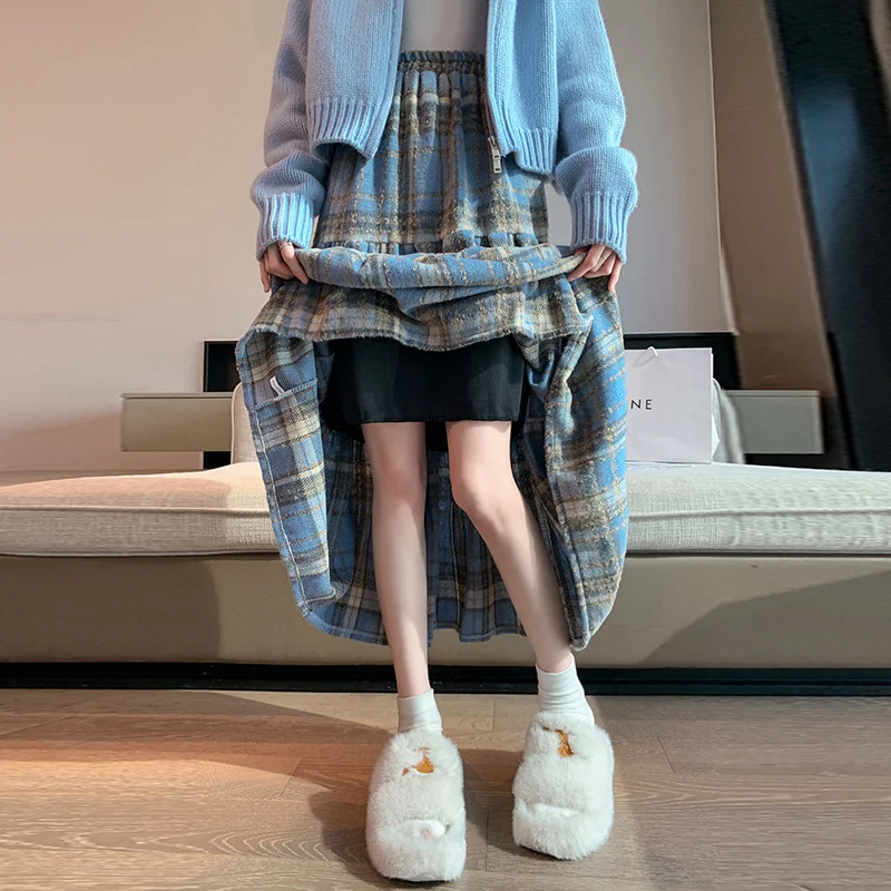 Title 3, Thickened Plaid Woolen Skirt for Women Autumn a...